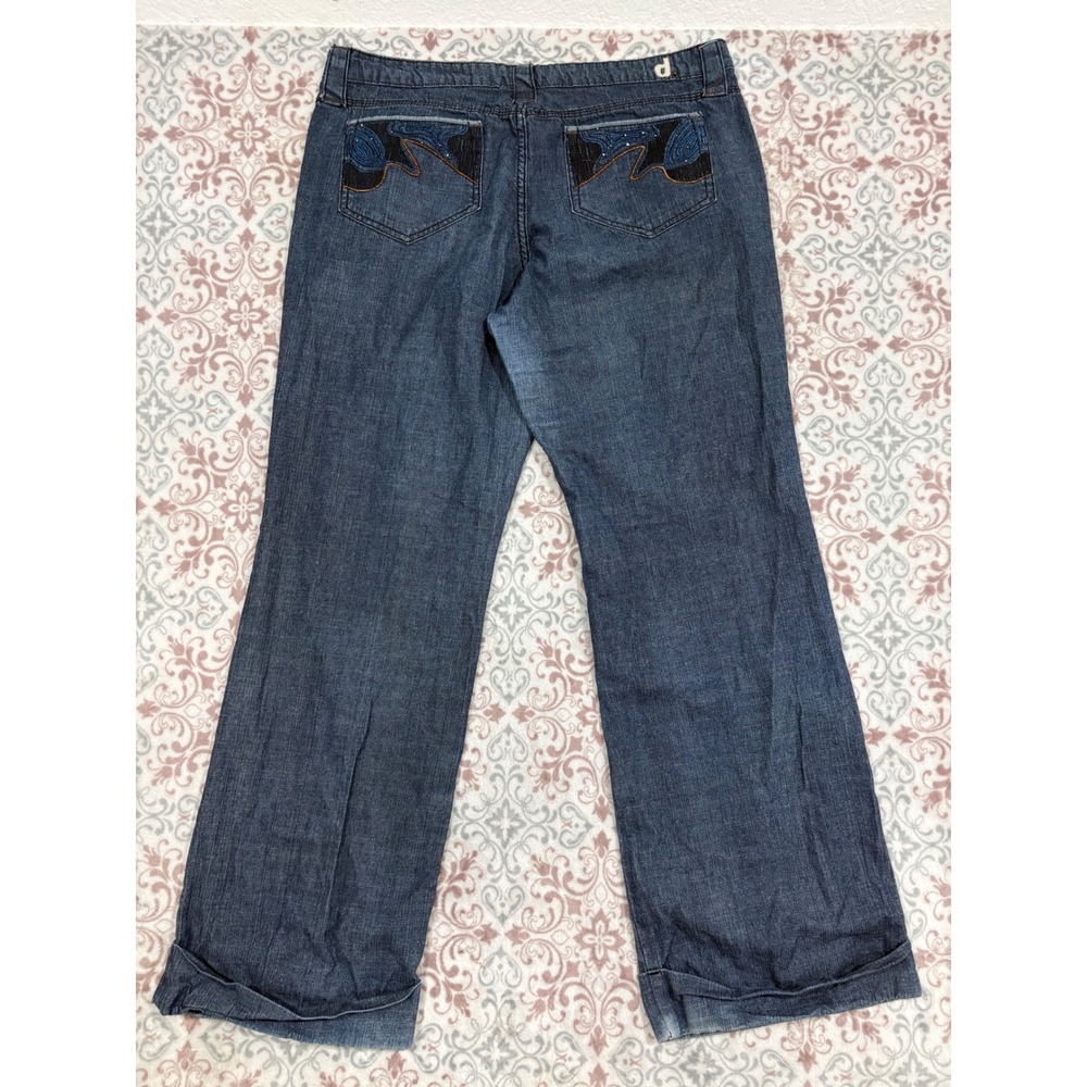 D.Jeans Womens Size 12 Dark Wash Wide Leg Cuffed Denim Jeans Embroidered Pockets